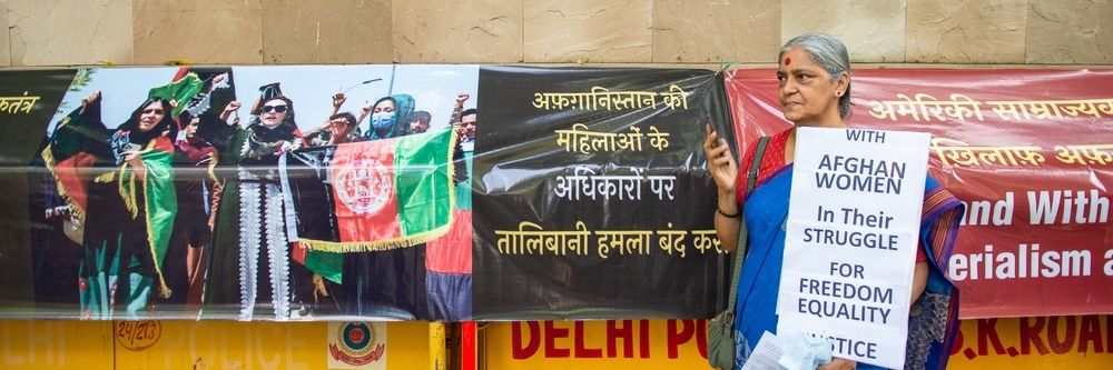 Annie Raja, Generalsekretärin der National Federation of Indian Women, protestiert gegen die Übernahme Afghanistans durch die Taliban